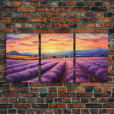 Purple Lavender Fields, 3 Piece Wall Art, Framed Canvas Print, Beautiful Original Landscape Painting, Sunset Painting, Farmhouse Decor