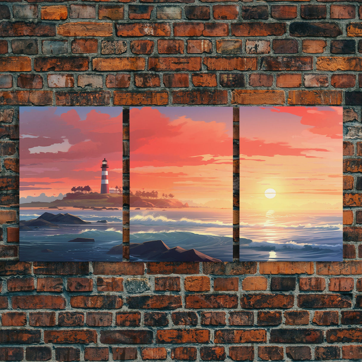 Sunset Wall Art, Light House Decor, Ocean Art Print, Canvas Print, Wall Art, 3 Piece Wall Art, Nautical Print, Seascape Art Print, Cozy Gift