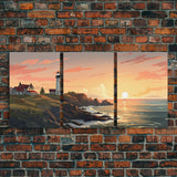 Light House Decor, Sunset Wall Art, Nautical Print, Ocean Art Print, Canvas Print, Wall Art, 3 Piece Wall Art, Seascape Art Print, RV Decor