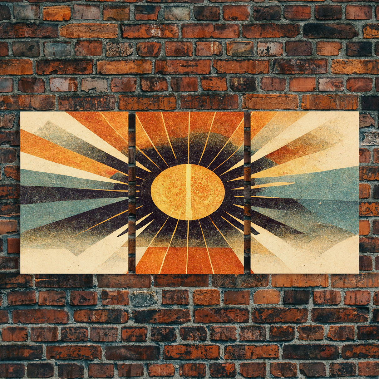 Abstract Midcentury Modern Sunburst, Art Deco Style art, sun with rays, sun burst, boho style, 3 Piece Wall Art, Ready To Hang Canvas Print