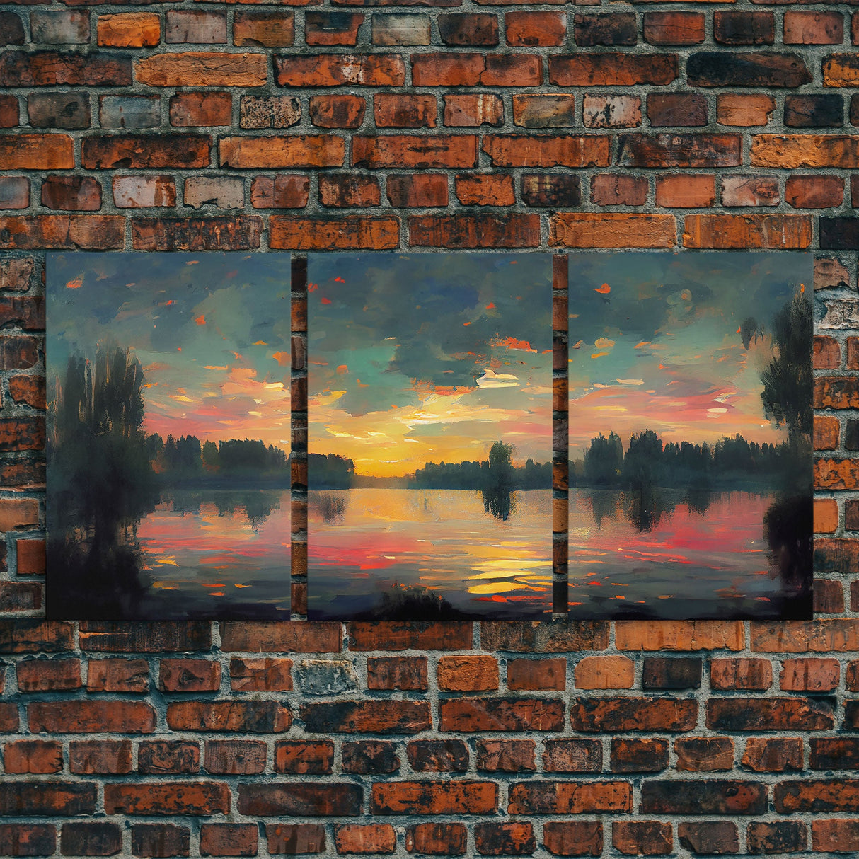 Lakehouse Canvas Print, watercolor painting of a sunset reflected on a lake, 3 Piece Wall Art, Ready To Hang Canvas Print