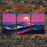 Outrun Style Synthwave Sunset Ocean Waves, 3 Piece Wall Art, Ready To Hang Canvas Print, Cool Unique Lakehouse Wall Art Decor