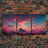 Outrun Style Sunset Over The Mountains, 3 Piece Wall Art, Ready To Hang Canvas Print, Cool Unique Living Room Wall Art Decor