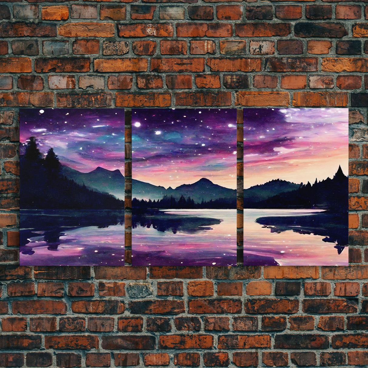 Fantasy Starry Night Magical Forest Landscape, 3 Piece Wall Art, Ready To Hang Canvas Print, Cool Unique Living Room Wall Art Decor