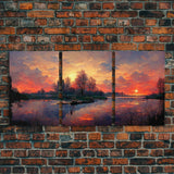 Forest Sunset Wall Decor, Oil Painting Style, 3 Piece Wall Art, Ready To Hang Canvas Print, Cool Unique Living Room Wall Art Decor