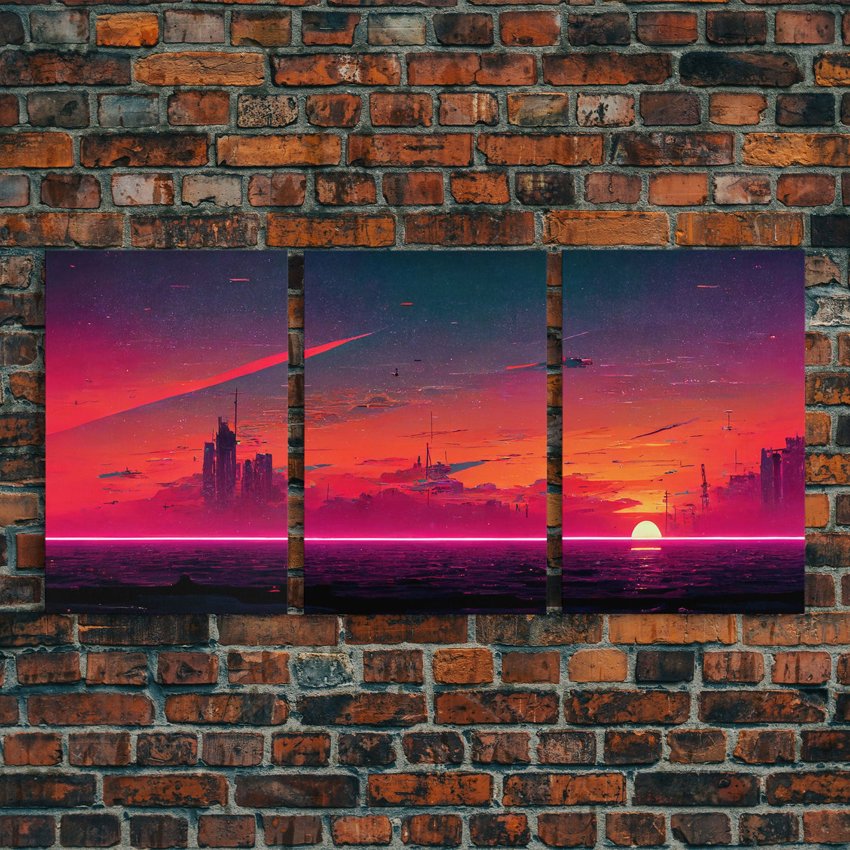 Cyber punk City At Sunset, Outrun, 3 Piece Wall Art, Ready To Hang Canvas Print, Cool Unique Mancave wall Art Decor