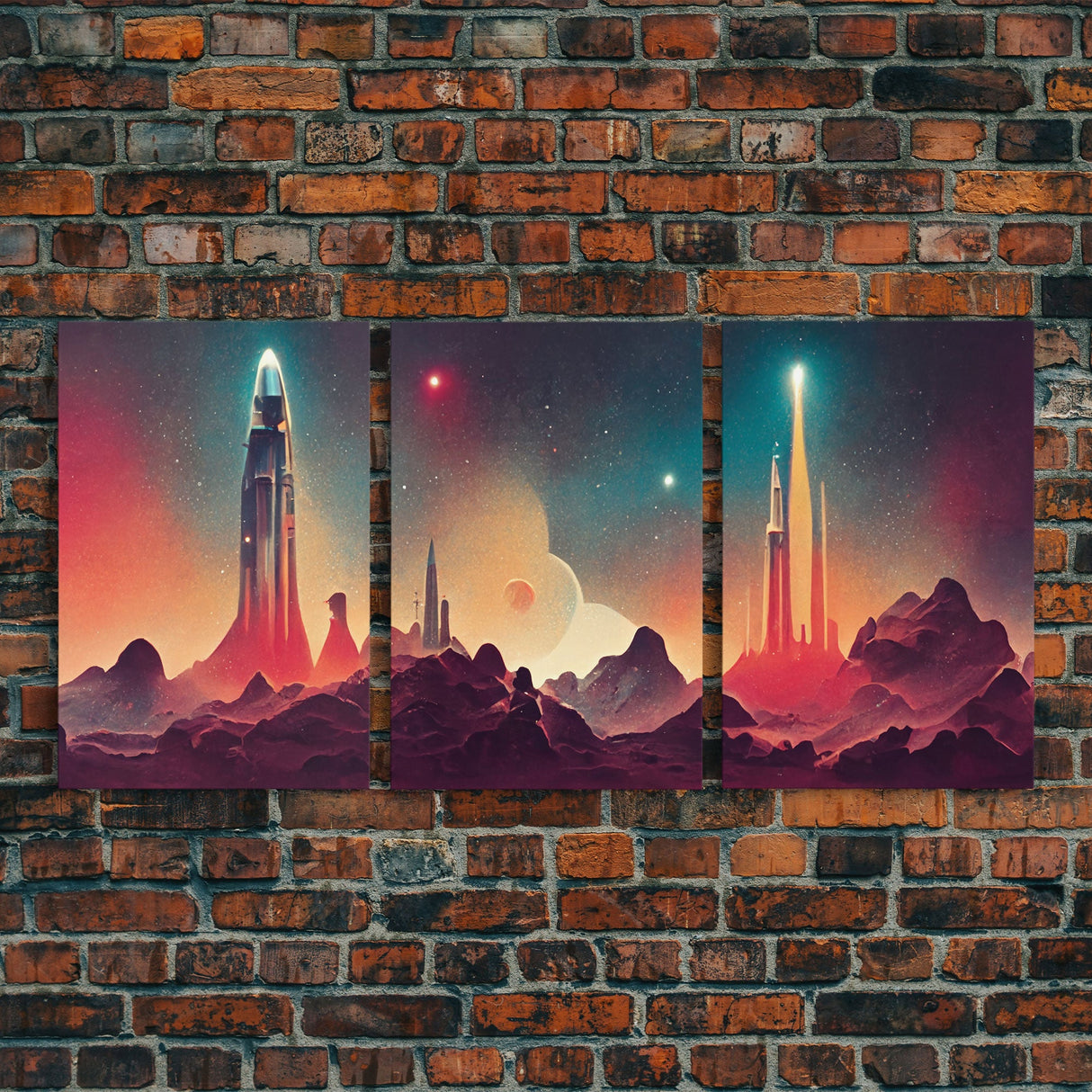 Art Deco Scifi Art, Science Fiction Space Ships, 3 Piece Wall Art, Ready To Hang Canvas Print, Cool Unique Mancave wall Art Decor