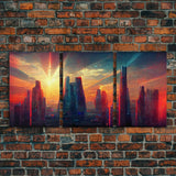 Cyberpunk City At Sunset, Futuristic, 3 Piece Wall Art, Ready To Hang Canvas Print, Cool Living Room Wall Art Decor