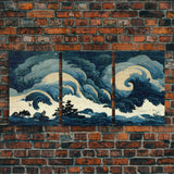 Retro Japanese Style Wave Art, A Storm Torrent, 3 Piece Wall Art, Ready To Hang Canvas Print