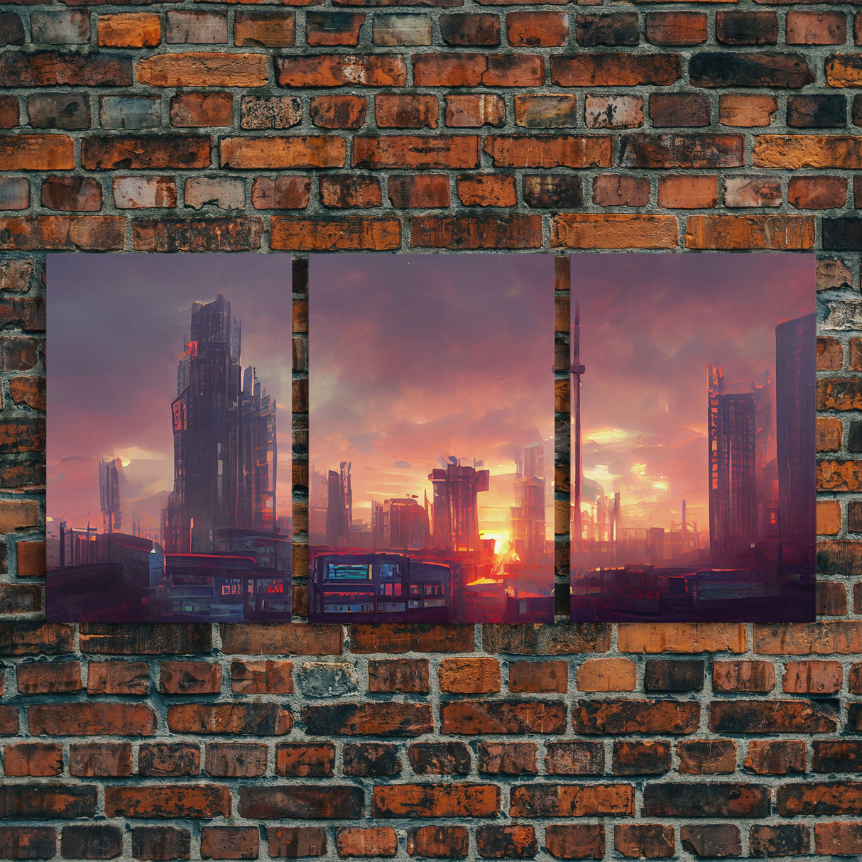 Cyberpunk City, Night City Watercolor, Videogame Concept Art, Watercolor Of a Cyberpunk City 3 Piece Wall Art, Ready To Hang Canvas Print