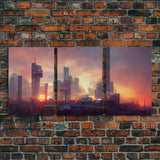 Cyberpunk City, Night City Watercolor, Videogame Concept Art, Watercolor Of a Cyberpunk City 3 Piece Wall Art, Ready To Hang Canvas Print