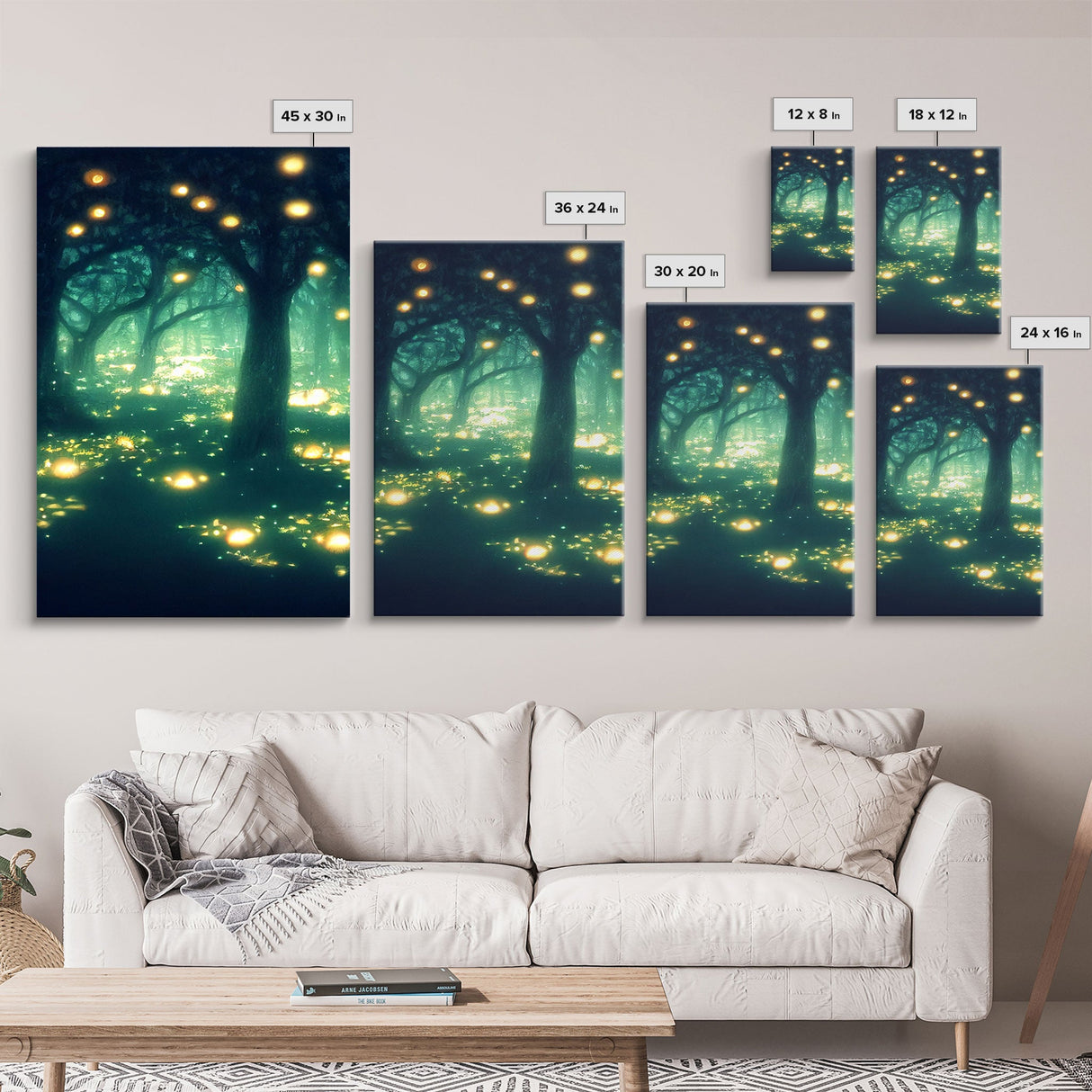 Fantasy forest wall decor, ready to hang 3 piece canvas print, 3 piece wall art, firefly wall art, Fireflies In A Fairy Forest at Night