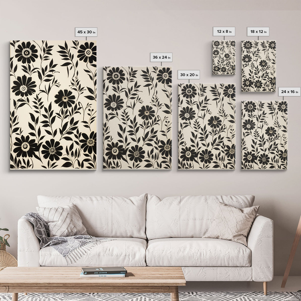 Black and White Floral Print, 3 Piece Framed Canvas Art, Boho Rustic Farmhouse Decor, Living Room Art, Minimalist Wall Art