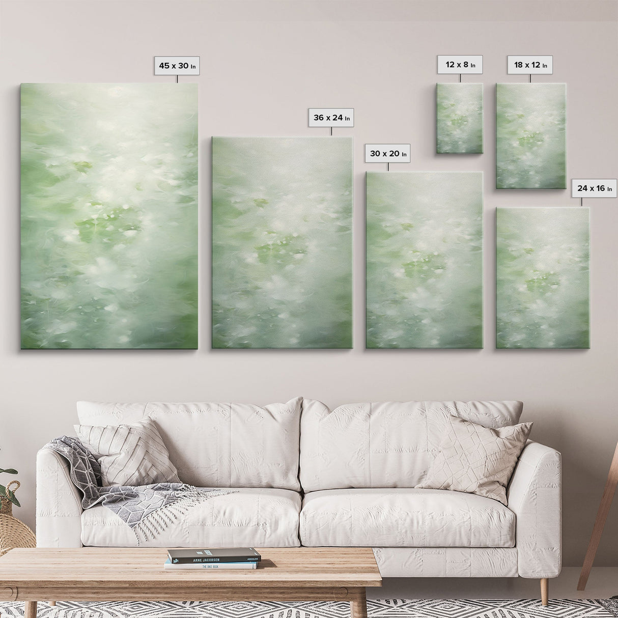 Framed Canvas Wall Art Set of 3 Green Abstract Landscape Print Modern Art Minimalist Decor, Boho Wall Art, Country Decor, Mint Green Art