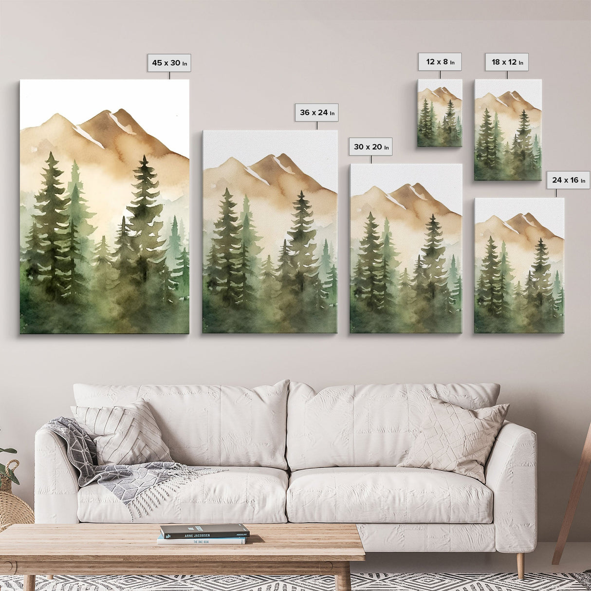 Triptych Framed Canvas Wall Art Set of 3 Green Forest Mountain Nature Landscape Prints Minimalist Modern Art, Woodland Nursery Decor