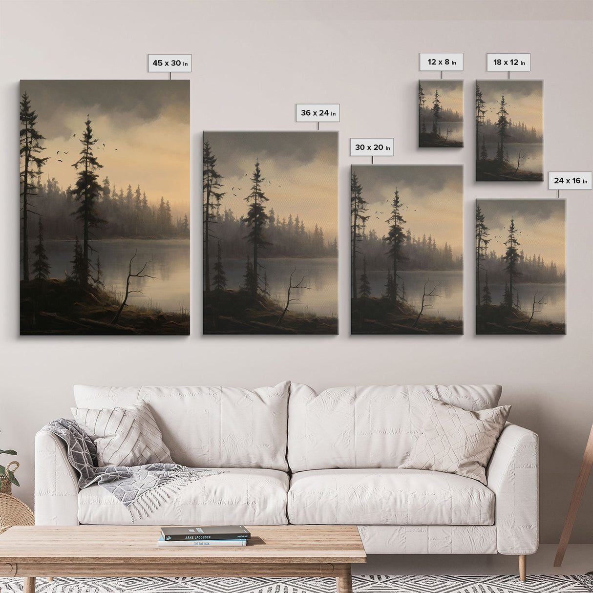 Moody 3 Piece Canvas Wall Art, Solumn PNW Lake At Sunset, Framed Canvas Print 3 Panel Set, Original Landscape Painting, Pacific Northwest