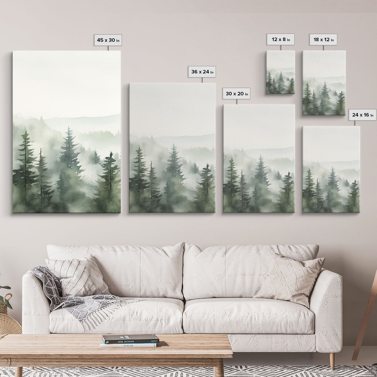 Framed Canvas Wall Art Set of 3 Emerald Green Pine Tree Mountain Range Nature Landscape Prints Minimalist Modern Art Woodland Nursery Decor