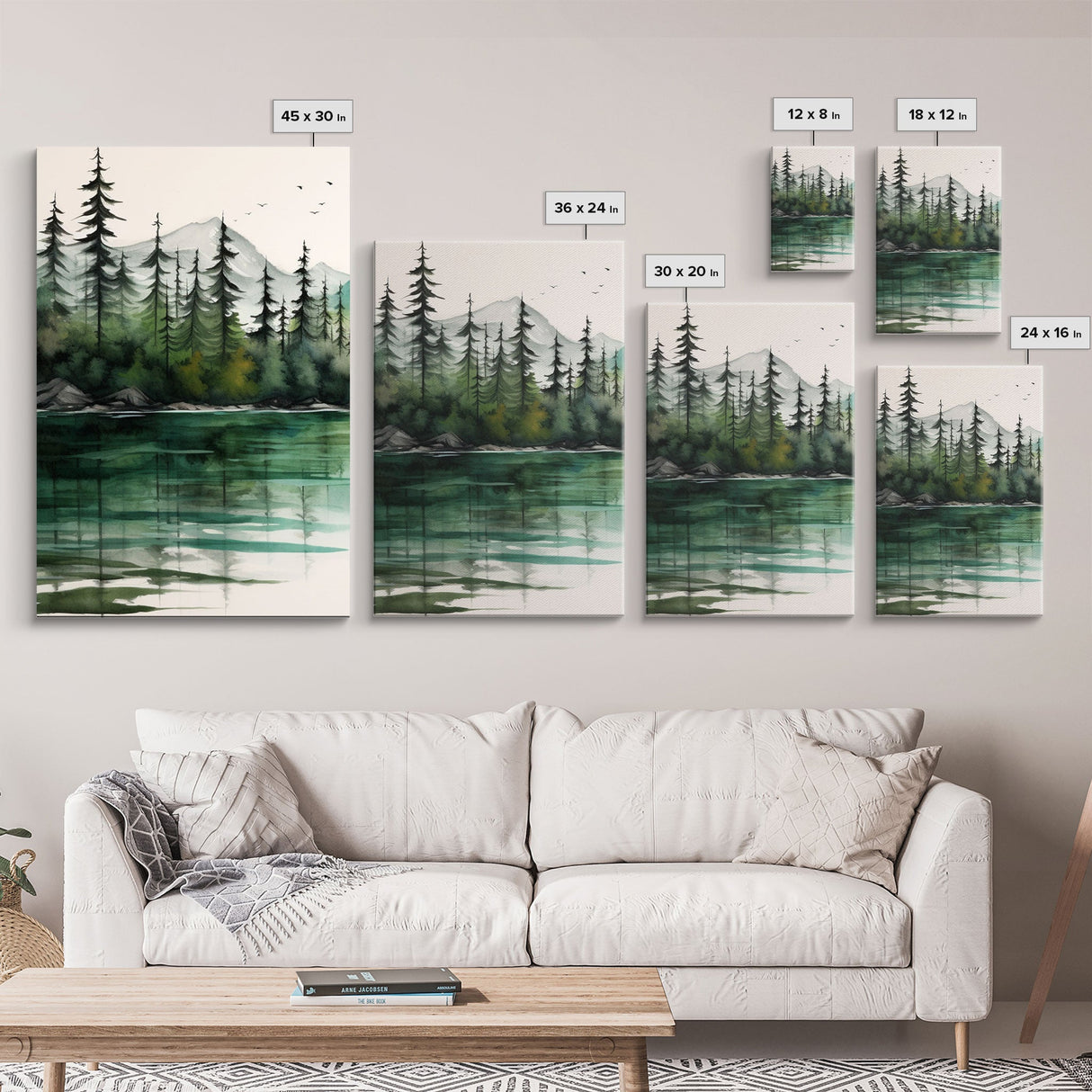 3 Panel Framed Canvas Print Wall Art Set of 3 Emerald Green Mountain Forest Lake Landscape Minimalist Modern Art Nature Wall Decor Pine Tree