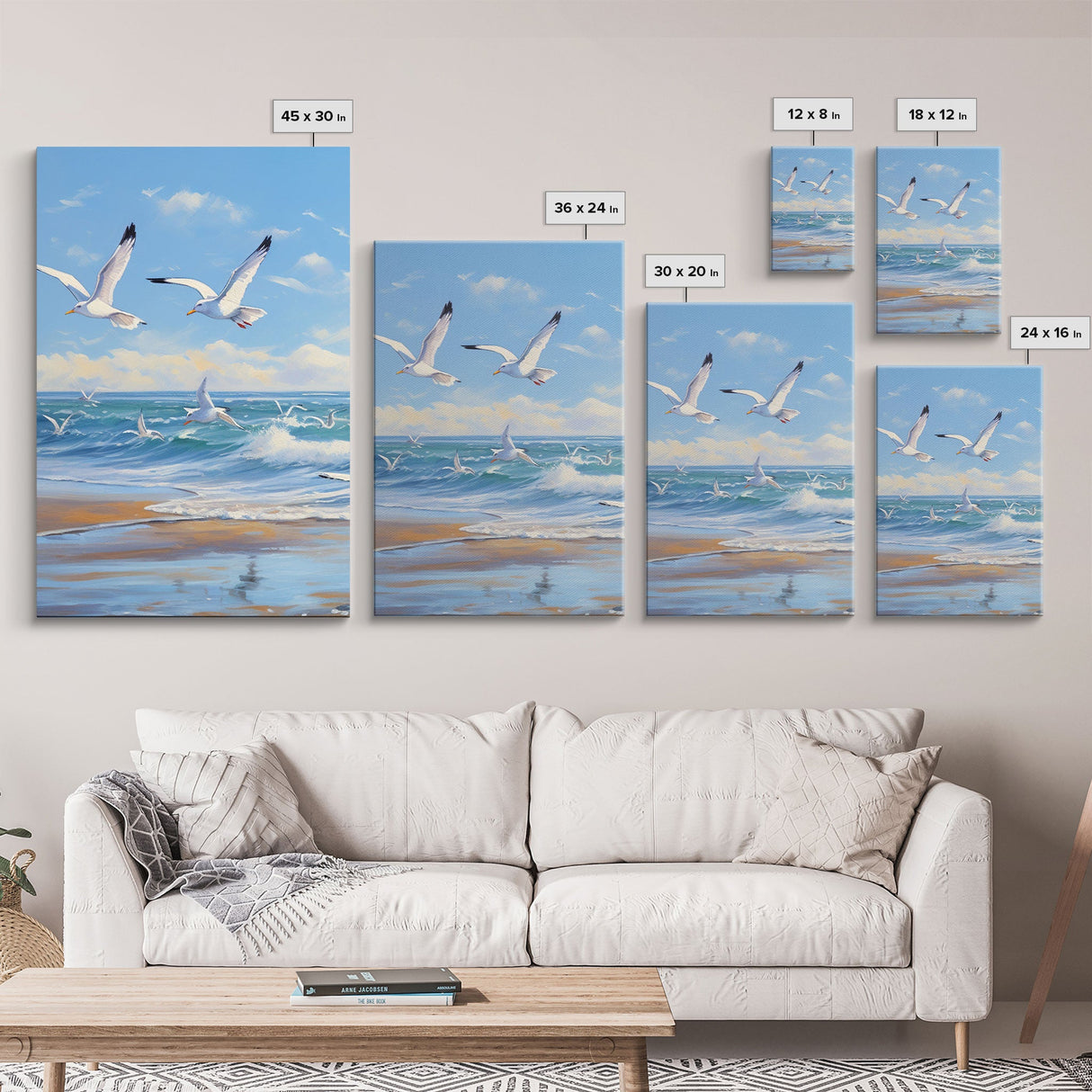 Beautiful Seagulls Over An Ocean Beach At Sunset 3 Piece Canvas Print Wall Art, Above Sofa Art, Modern Art, Minimalism Lakehouse Decor