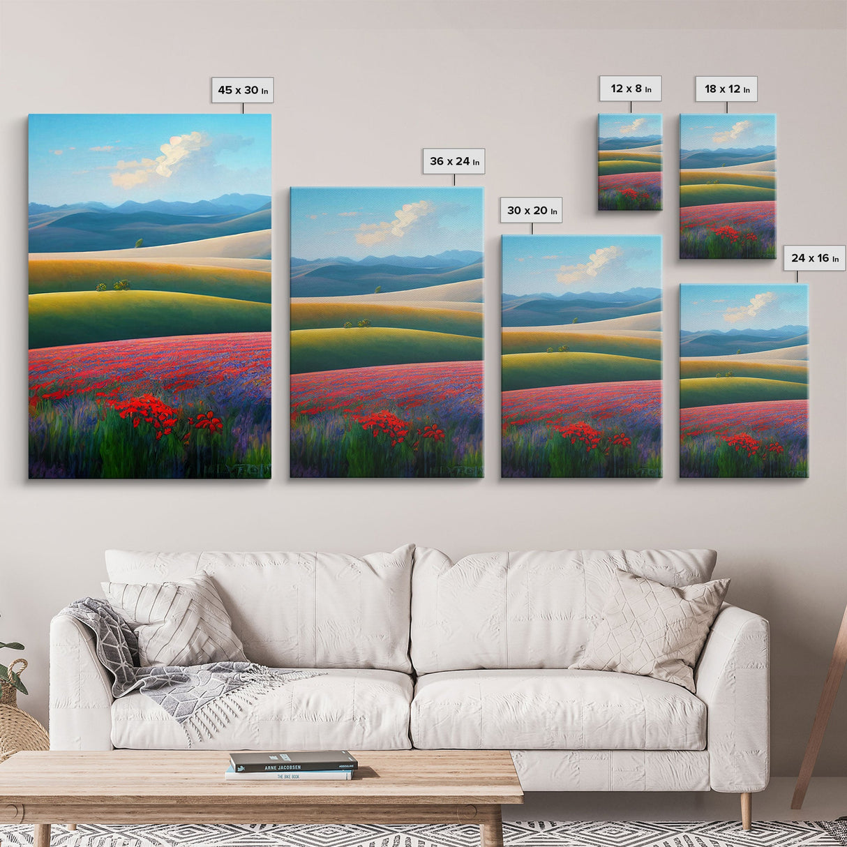 Colorful rolling hills, flower fields, landscape art,  3 piece wall art, 3 piece canvas, cool centerpiece living room wall art