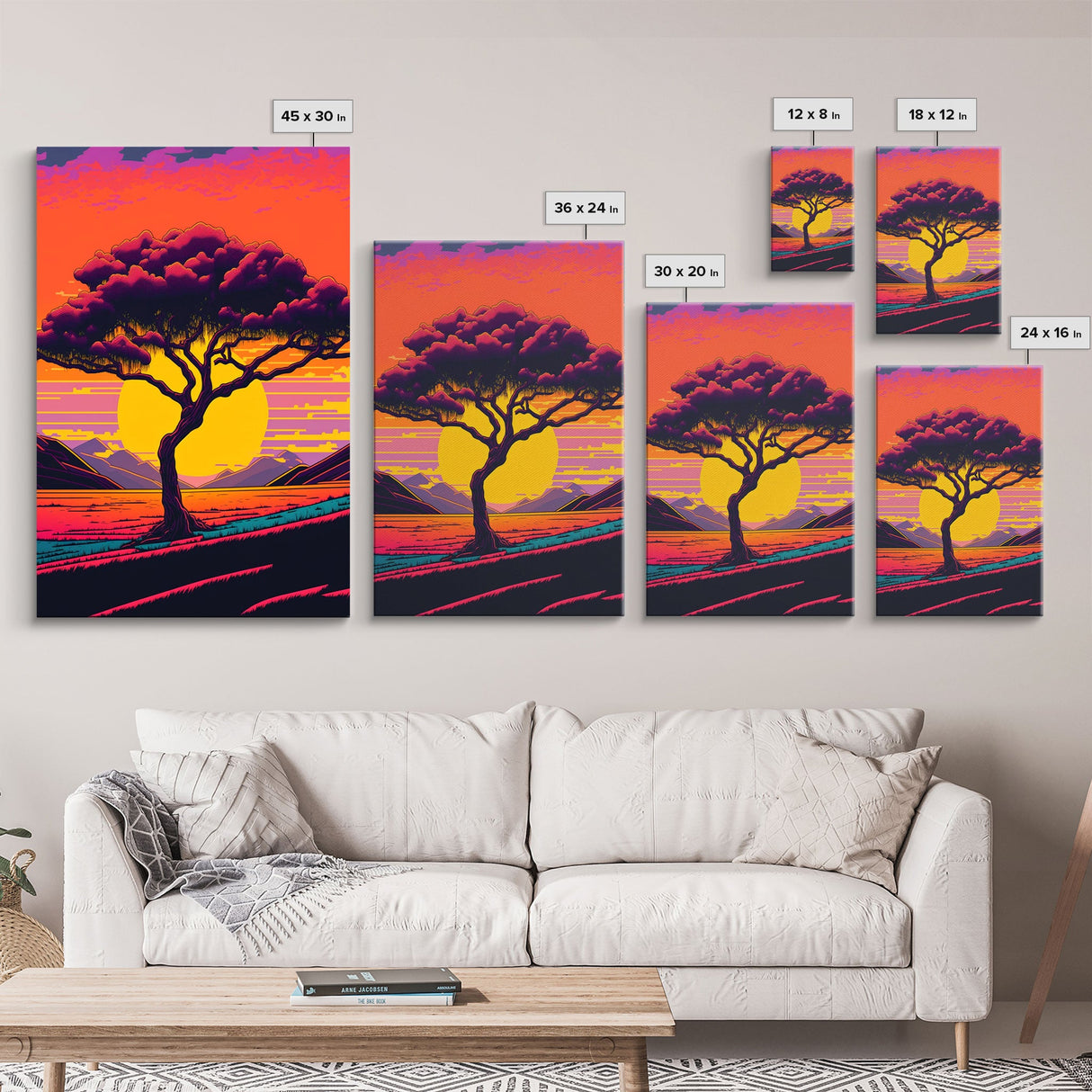 Triptych 3 panel Wall Art, Framed Canvas Prints, Synthwave Landscape Decor, MCM 80s Vibes Retro Style 3 Piece Art