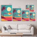 Midcentury Modern Wall Art, Mid Century Modern, 3 Piece Framed Canvas, 3 Panel Art, Triptych Art, Vaporwave Palm Trees and Sunset, 80s Retro