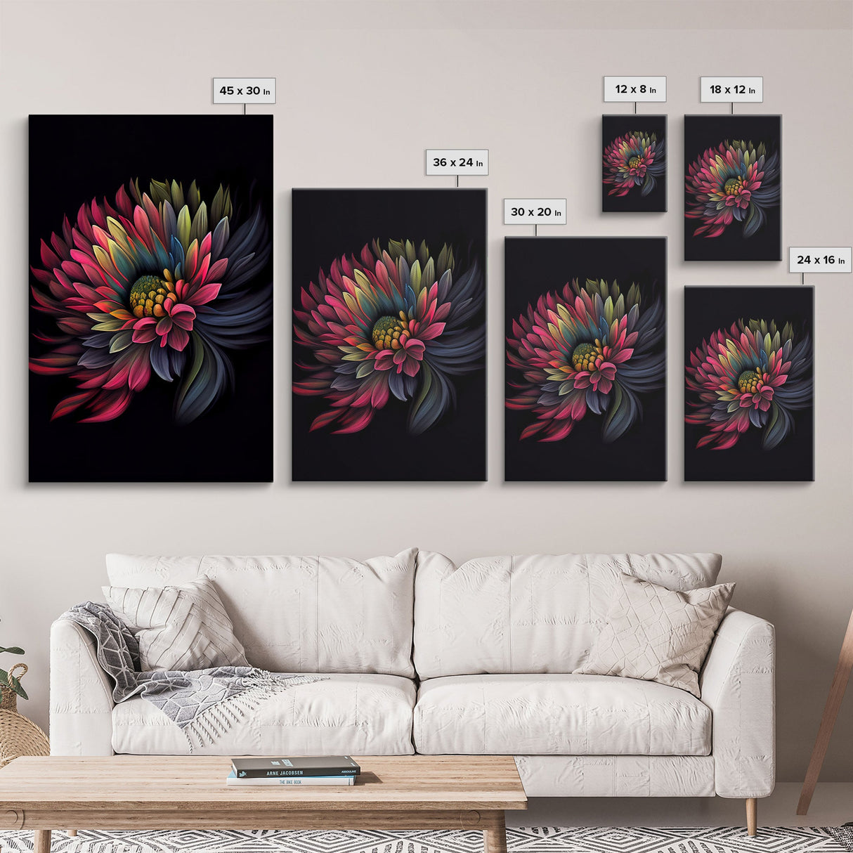 Triptych 3 Panel Wall Art - Framed Canvas Prints - Neon Flowers - Retro Style Flower Paintings - Boho Decor - Minimalist Wall Art - Modern