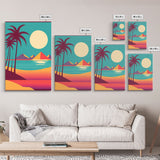 Beautiful Turquoise Retro Style Beach Art, Triptych 3 Panel Framed Canvas Prints, Palm Trees and Sunset, 80s Vibes Vaporwave Art Deco Mashup