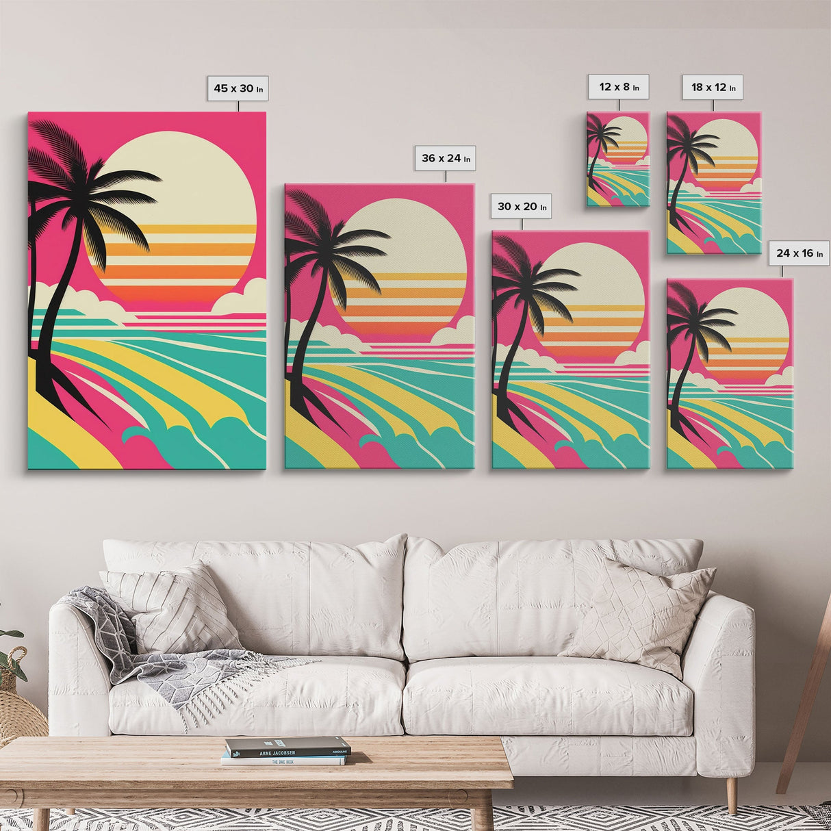 Beach Vibes - Midcentury / Art Deco / 80 Vibes Mash up - Framed Canvas Prints - Turquoise Sky and Palme Trees - 3 Panel Art, Triptych Prints