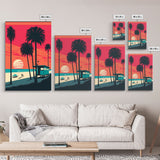 Beach Vibes - Midcentury / Art Deco / 80 Vibes Mash up - Framed Canvas Prints - Turquoise Sky and Palme Trees - 3 Panel Art, Triptych Prints