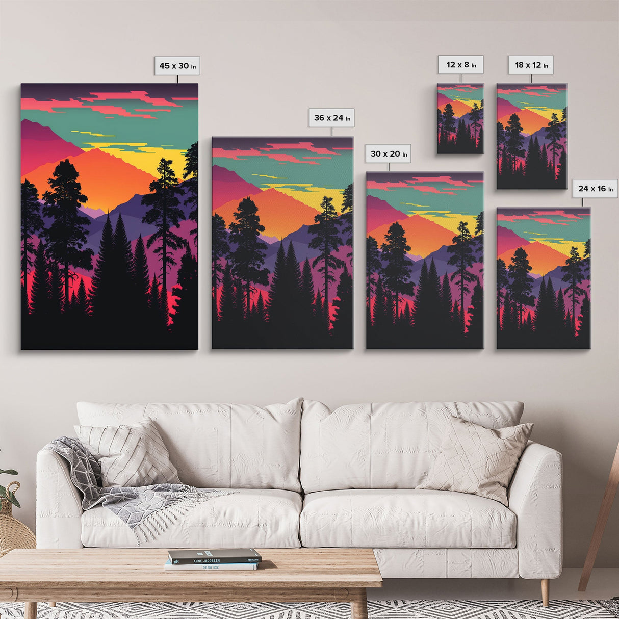 Pacific Northwest MCM Style Landscape Art, Framed Canvas Prints, 3 Piece Art Set, Triptych Art, Colorful Retro Style Pine Tree Forests