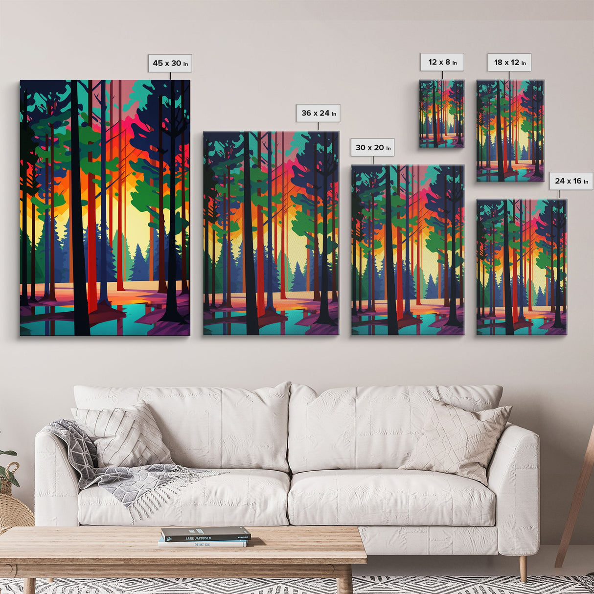 Retro Pine Tree Forest In The Fall, 3 Piece Canvas, 3 Panel Art, Framed Canvas Art, Colorful Abstract / Minimalism Landscape Art