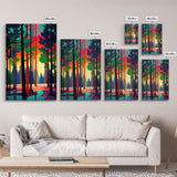 Retro Pine Tree Forest In The Fall, 3 Piece Canvas, 3 Panel Art, Framed Canvas Art, Colorful Abstract / Minimalism Landscape Art