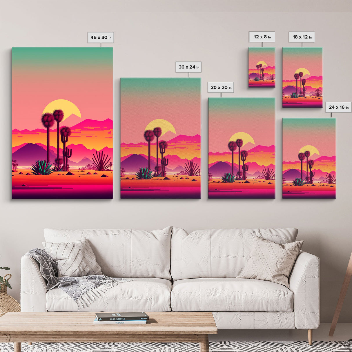 3 Piece Framed Canvas Wall Art, Synthwave / Vaporwave Sunset, Palme Trees and Cactus, Mid Century Modern Home Artwork Boho Decor for Bedroom