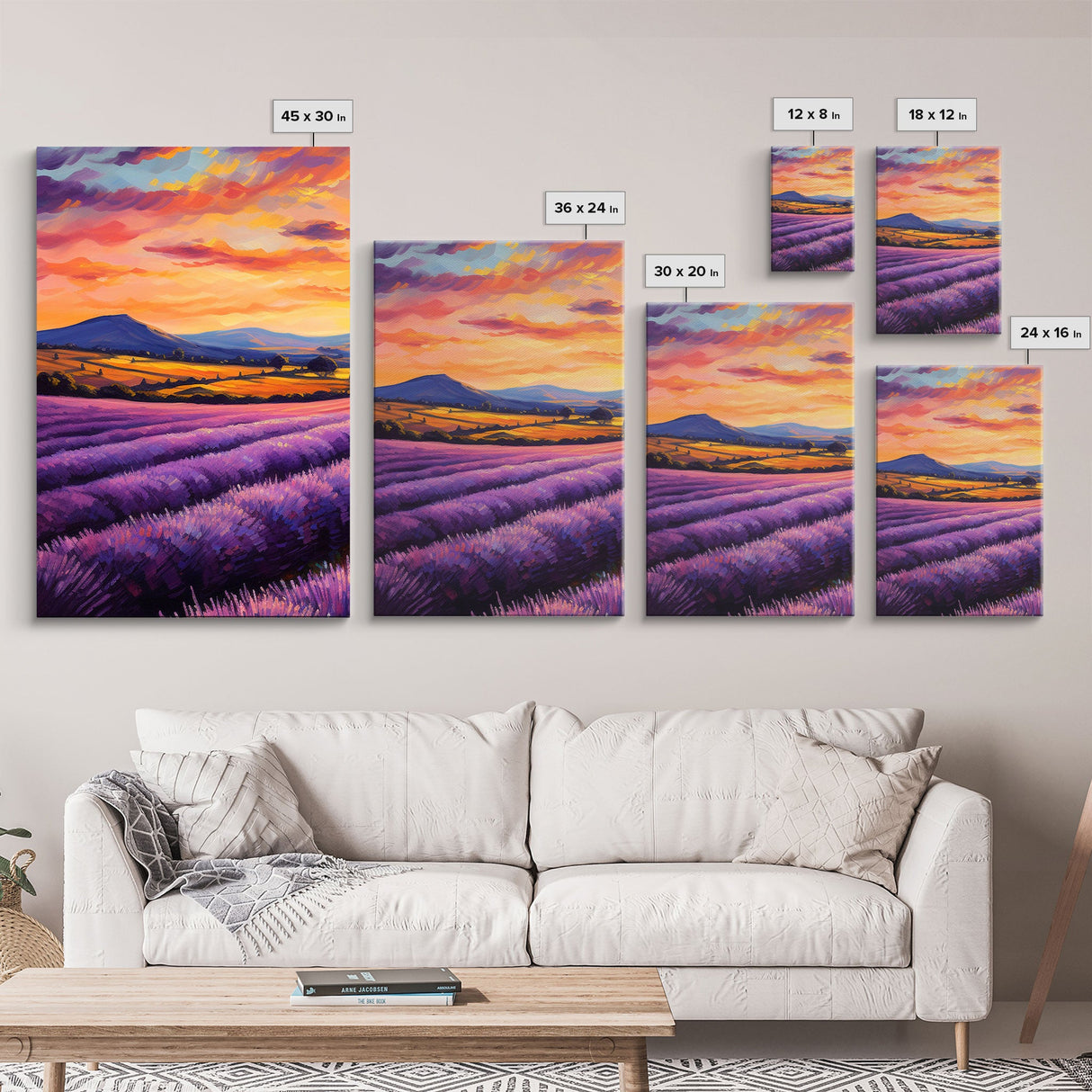 Purple Lavender Fields, 3 Piece Wall Art, Framed Canvas Print, Beautiful Original Landscape Painting, Sunset Painting, Farmhouse Decor