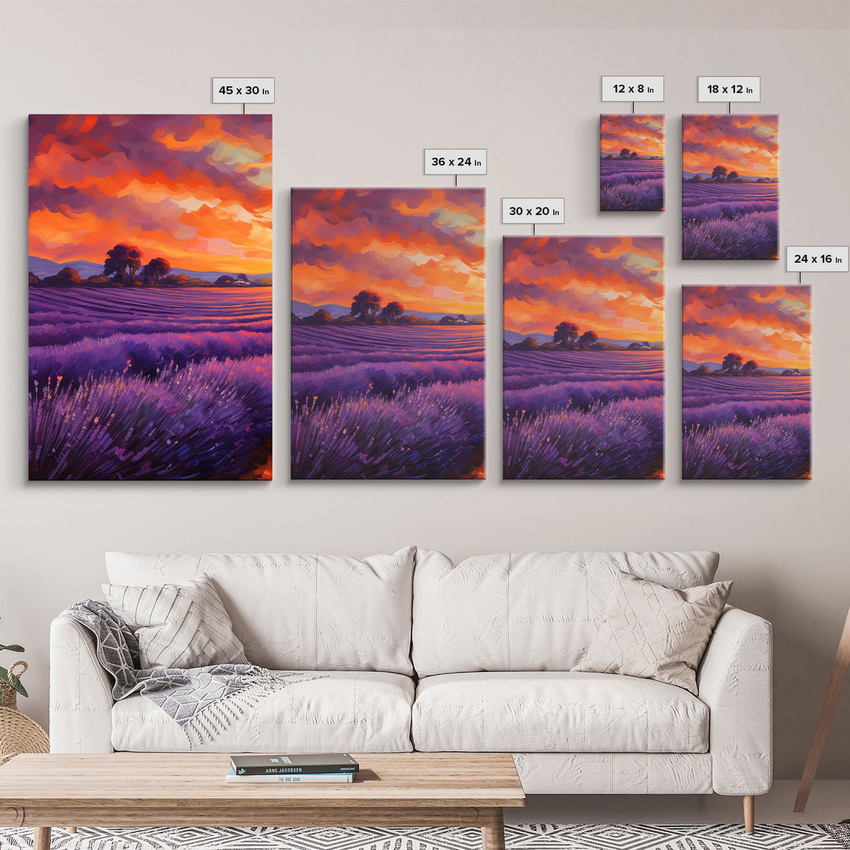 Purple Lavender Fields, 3 Piece Wall Art, Framed Canvas Print, Beautiful Original Landscape Painting, Sunset Painting, Farmhouse Decor