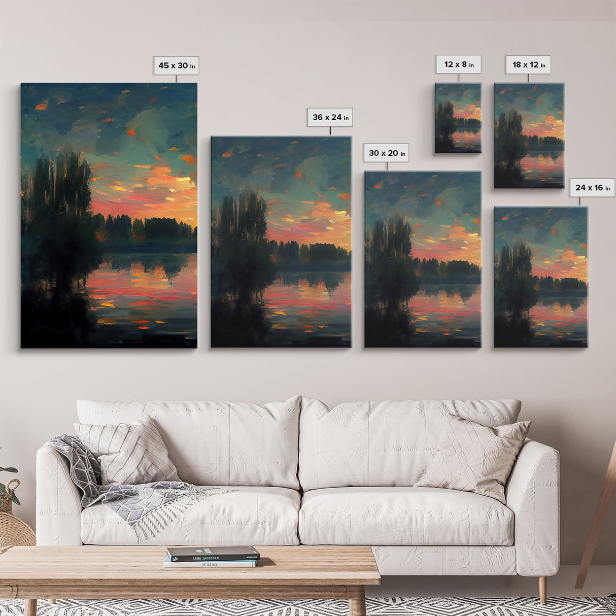 Lakehouse Canvas Print, watercolor painting of a sunset reflected on a lake, 3 Piece Wall Art, Ready To Hang Canvas Print