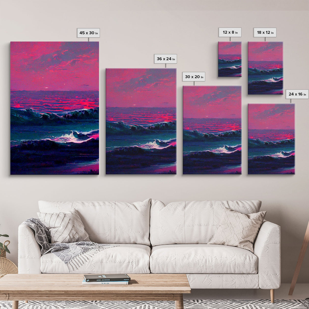 Outrun Style Synthwave Sunset Ocean Waves, 3 Piece Wall Art, Ready To Hang Canvas Print, Cool Unique Lakehouse Wall Art Decor