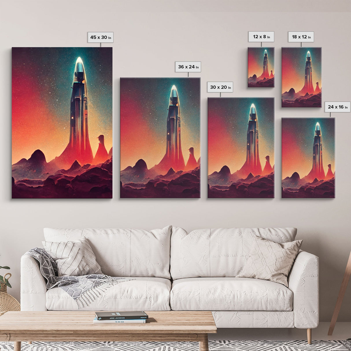 Art Deco Scifi Art, Science Fiction Space Ships, 3 Piece Wall Art, Ready To Hang Canvas Print, Cool Unique Mancave wall Art Decor