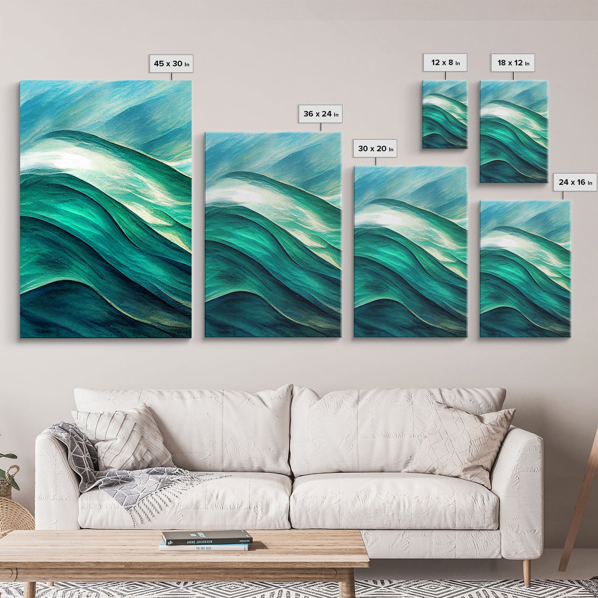 Emerald Green Wall Decor, Sea Green Ocean Waves Abstract, 3 Piece Canvas Decor, 3 Piece Wall Art, Ready To Hang Canvas Prints