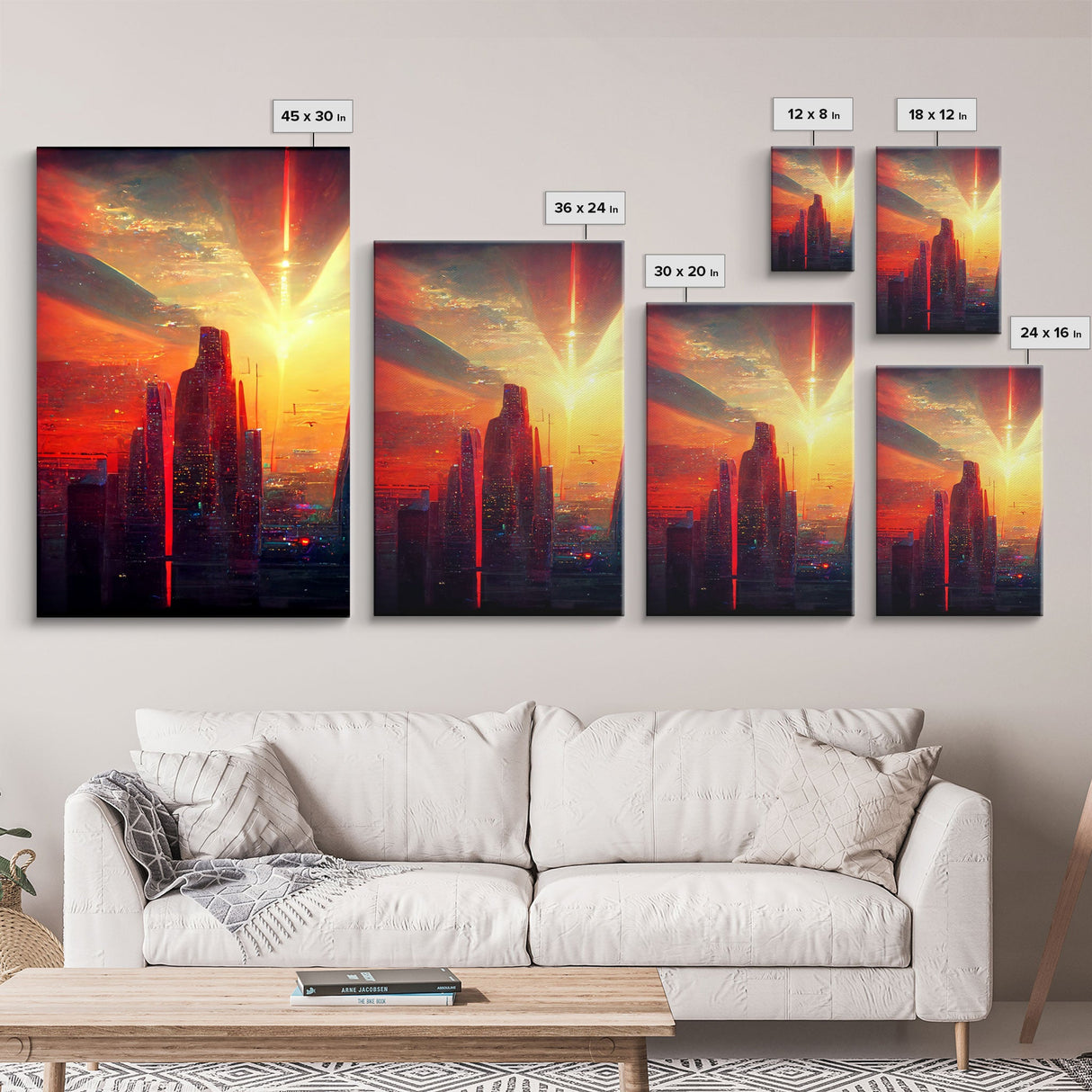 Cyberpunk City At Sunset, Futuristic, 3 Piece Wall Art, Ready To Hang Canvas Print, Cool Living Room Wall Art Decor