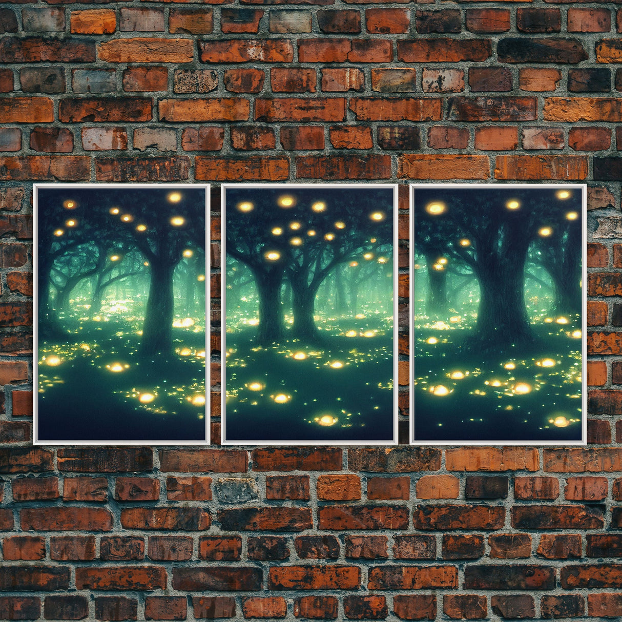 Fantasy forest wall decor, ready to hang 3 piece canvas print, 3 piece wall art, firefly wall art, Fireflies In A Fairy Forest at Night