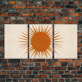 3 Piece Framed Canvas Wall Art Sun With Rays, Mid Century Modern, Art Deco, Retro Wall Art, Shabby Chic Boho Wall Art for Bedroom