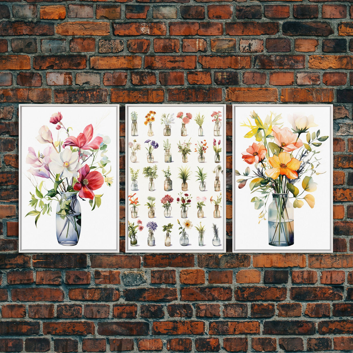 3 Piece Set, Cute Kawaii Floral Print, Flowers In Vases, Framed Wall Art, Canvas Print, Botanical Wall Decor, Dried Flower Large Triptych