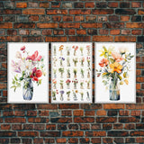 3 Piece Set, Cute Kawaii Floral Print, Flowers In Vases, Framed Wall Art, Canvas Print, Botanical Wall Decor, Dried Flower Large Triptych