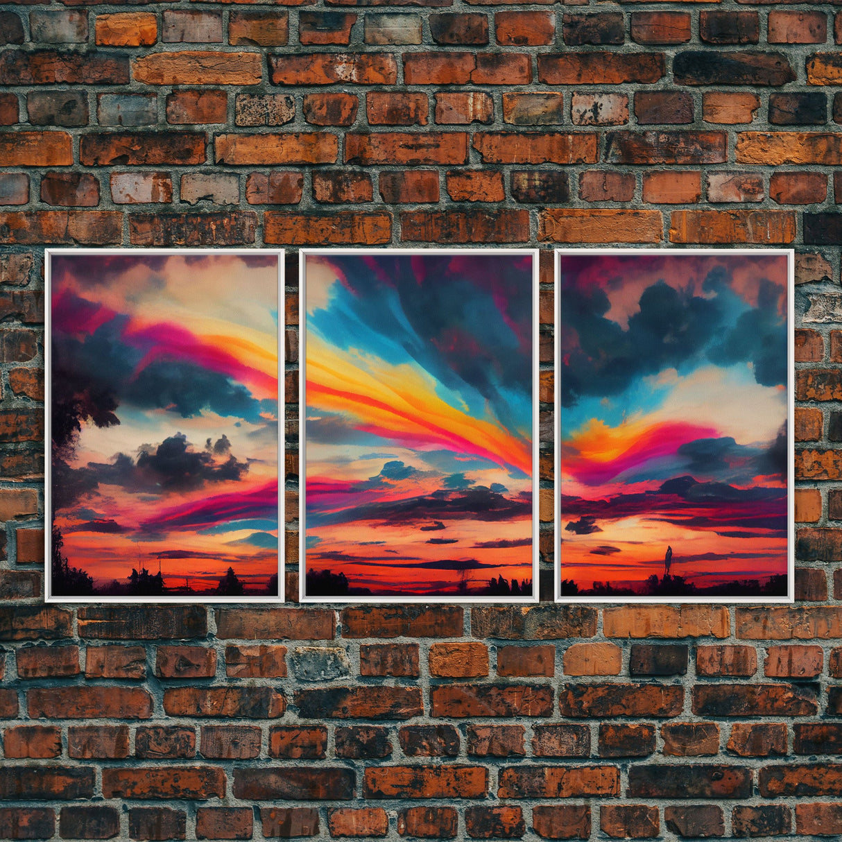 Psychedelic sunset, beautiful colorful wall art, 3 piece canvas print, three piece wall art, living room above the couch art, sun rise art