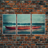 Skiff on the lake, Abandoned canoe, lake house art, 3 piece canvas, 3 piece wall art, cool unique living room art