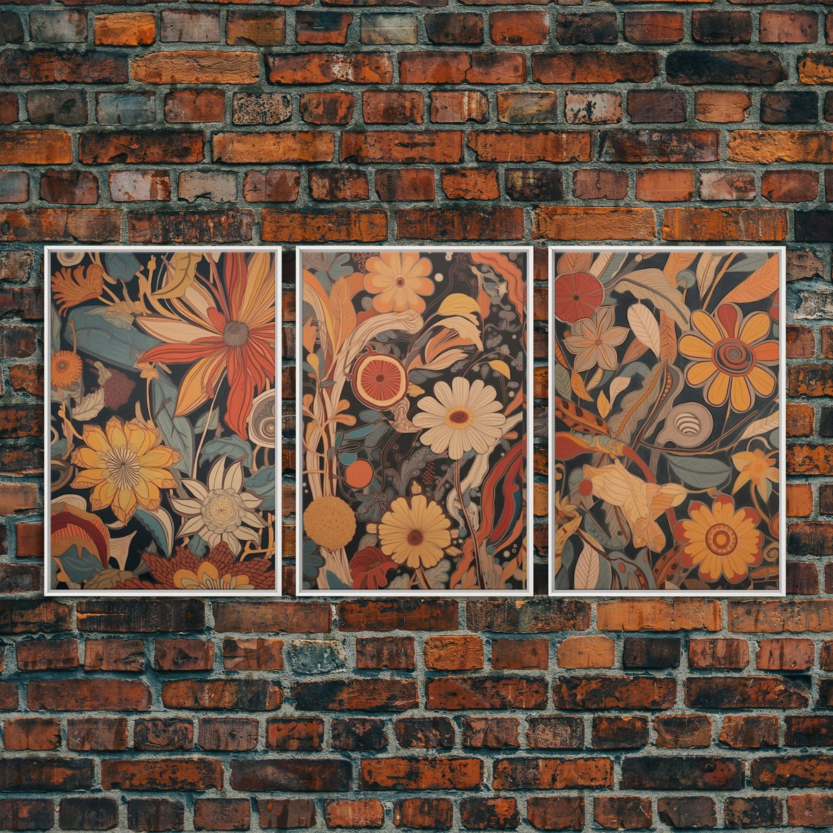 Midcentury Modern Framed Canvas Wall Art Set Flowers Bouquet Floral Botanical Prints Art Boho Wall Decor, Retro Wall Art, Minimalist Decor