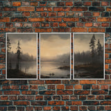 Moody 3 Piece Canvas Wall Art, Solumn PNW Lake At Sunset, Framed Canvas Print 3 Panel Set, Original Landscape Painting, Pacific Northwest