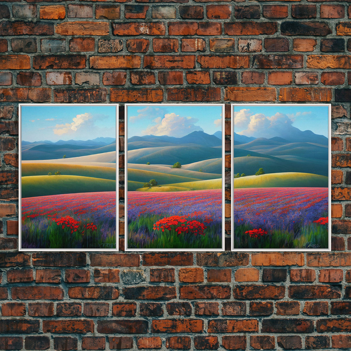 Colorful rolling hills, flower fields, landscape art,  3 piece wall art, 3 piece canvas, cool centerpiece living room wall art